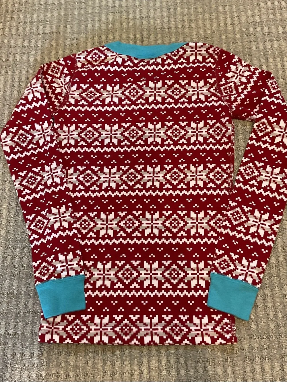 Hanna Andersson cotton long John Red Fair Isle Pajama Set with Teal Trim 8 130